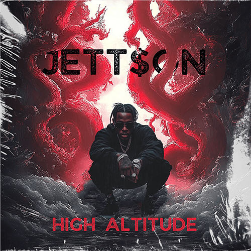 Album cover titled "JETT$ON High Altitude" featuring a person crouching against a smoky, red and black abstract background, capturing the essence of what's now featured in our Product Archives.