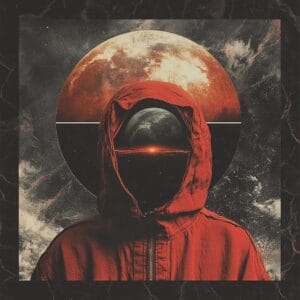 Abstract artwork of a hooded figure in a red jacket, featuring a cosmic scene within the hood and a split moon, as if drawing inspiration from the MOON MUTT Recording Studio. A cloudy sky serves as the backdrop to this symphony of visual storytelling.